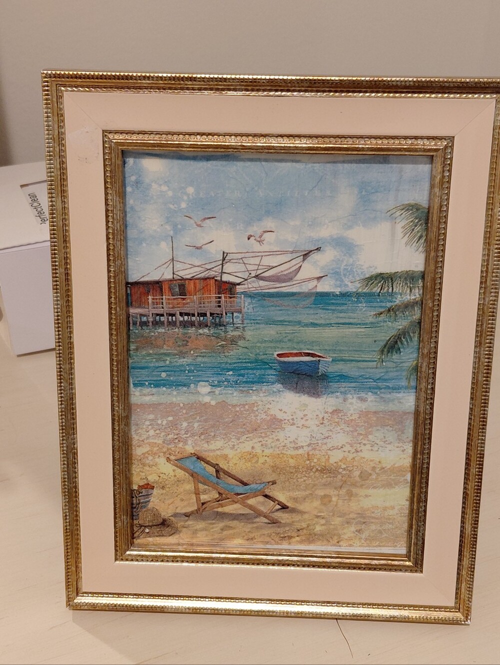 Coastal Beach Scene Framed Art Print in Blue and Cream